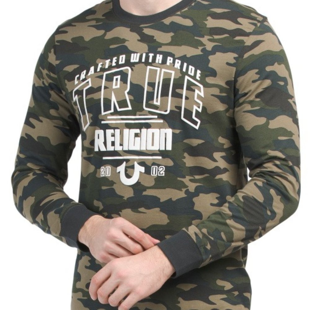 NWT MEN TRUE RELIGION CWP Graphic Crew Neck Long Sleeve CAMO T SHIRT LARGE